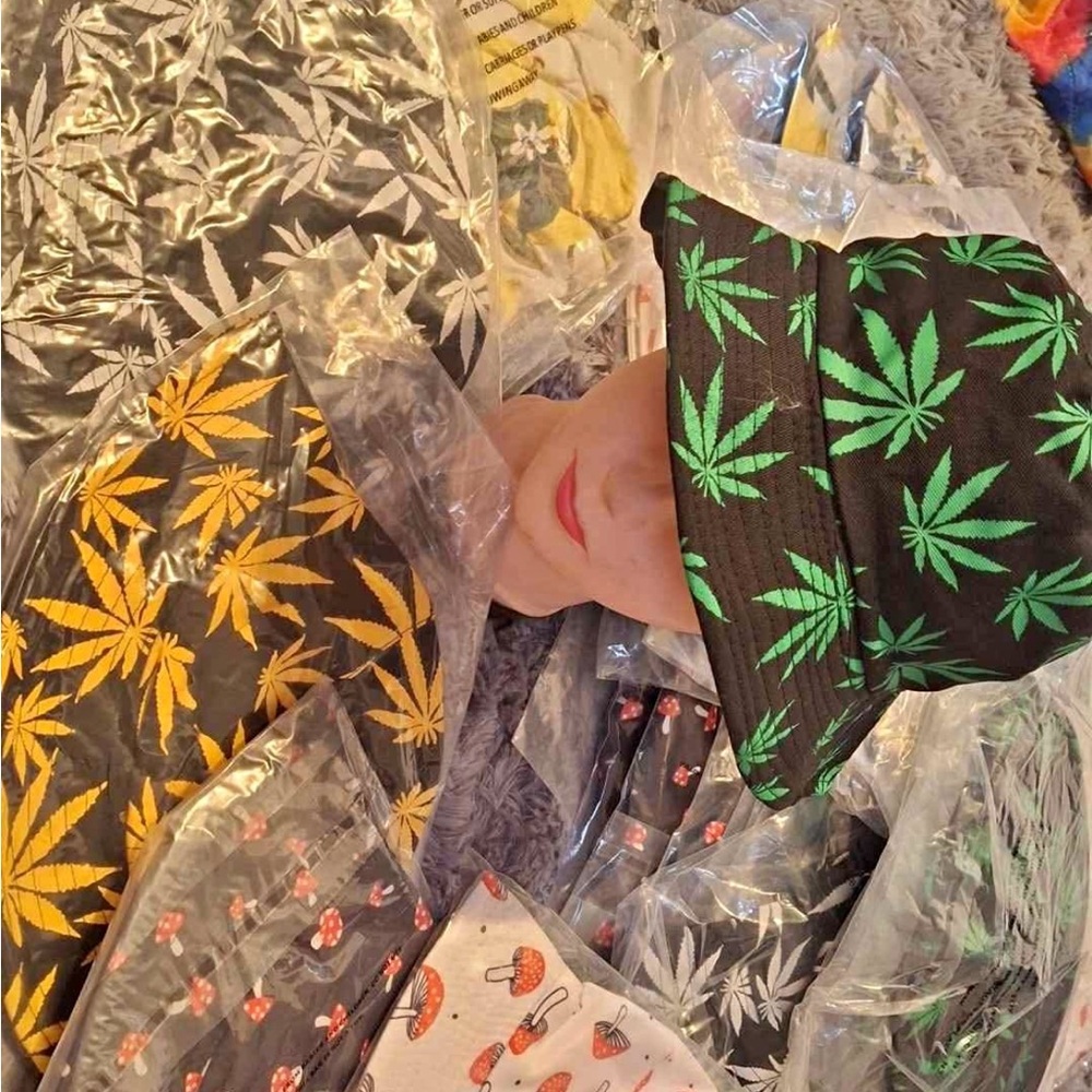 Black Bucket Hat with Green Leaf Print